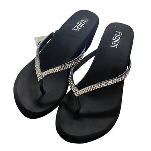 Flojos Platform Wedge Flip Flops Womens 8 Black Rhinestone Glam Sparkly Sandals